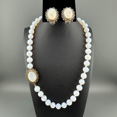 Vintage Opalite Necklace Earrings Set Silver Tone Scalloped Filigree Box Clasp