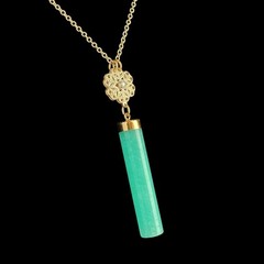 Aqua Quartz Gemstone Pendant Gold Tone Filigree Long Necklace Signed Nice 26 in