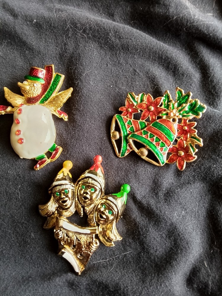Lot of 3 Enamel Christmas Holiday Brooch Pins Snowman Bells Carolers