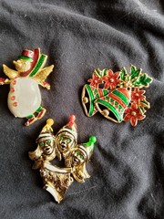 Lot of 3 Enamel Christmas Holiday Brooch Pins Snowman Bells Carolers