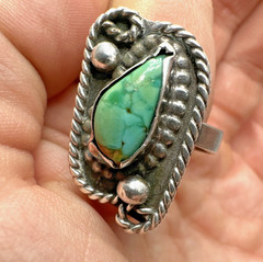 Vintage Navajo Old Pawn Style Sterling Silver Turquoise Ring Lasso Unique Sz. ~8