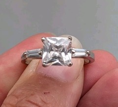 Vintage Silver Plated & CZ Princess Cut & Baguette Engagement Style Ring Sz 9.75