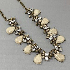 Statement Rhinestone Necklace Gold Tone Bib Tan Acrylic Clear Metallic Glass 18″