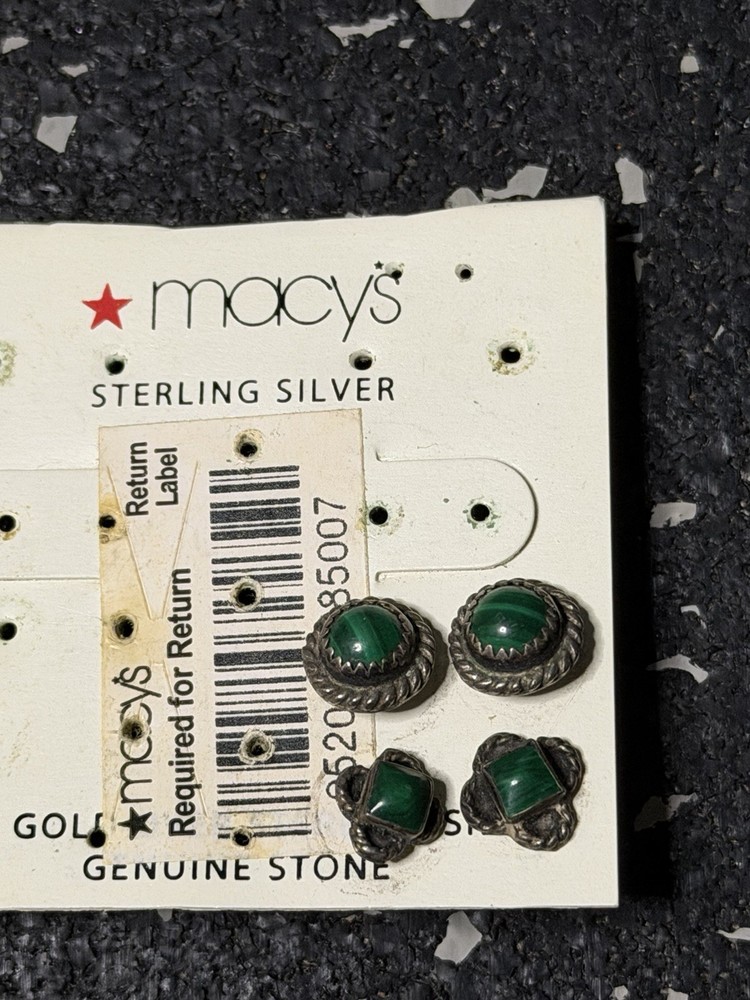Vintage Southwestern Style Malachite Sterling Silver Post Earrings 925 2 Sets