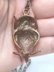 Vintage Bronze Chain Necklace With Owl Enamel Rhinestone Pedant 32in.