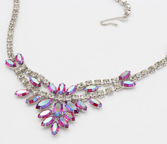 Vtg B. David Rhinestone Necklace Pink AB Red Clear Choker Signed Marquise