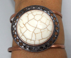Wide Copper Cuff Bracelet Howlite Gemstone Medallion Shield Rhombus Cutwork