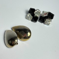 Earrings Vintage Silver Tone Teardrop Black Rhinestone Retro Goth Clip On