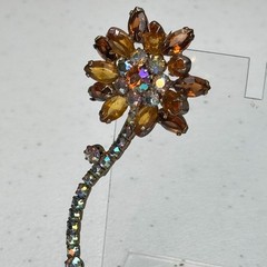 Vintage Brooch Brown Rhinestone Flower AB Stem Daisy MCM 50s 60s