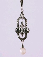 Art Deco 935 Silver Marcasite 6.5mm Pearl Pendant Necklace Austrian Estate 1920s