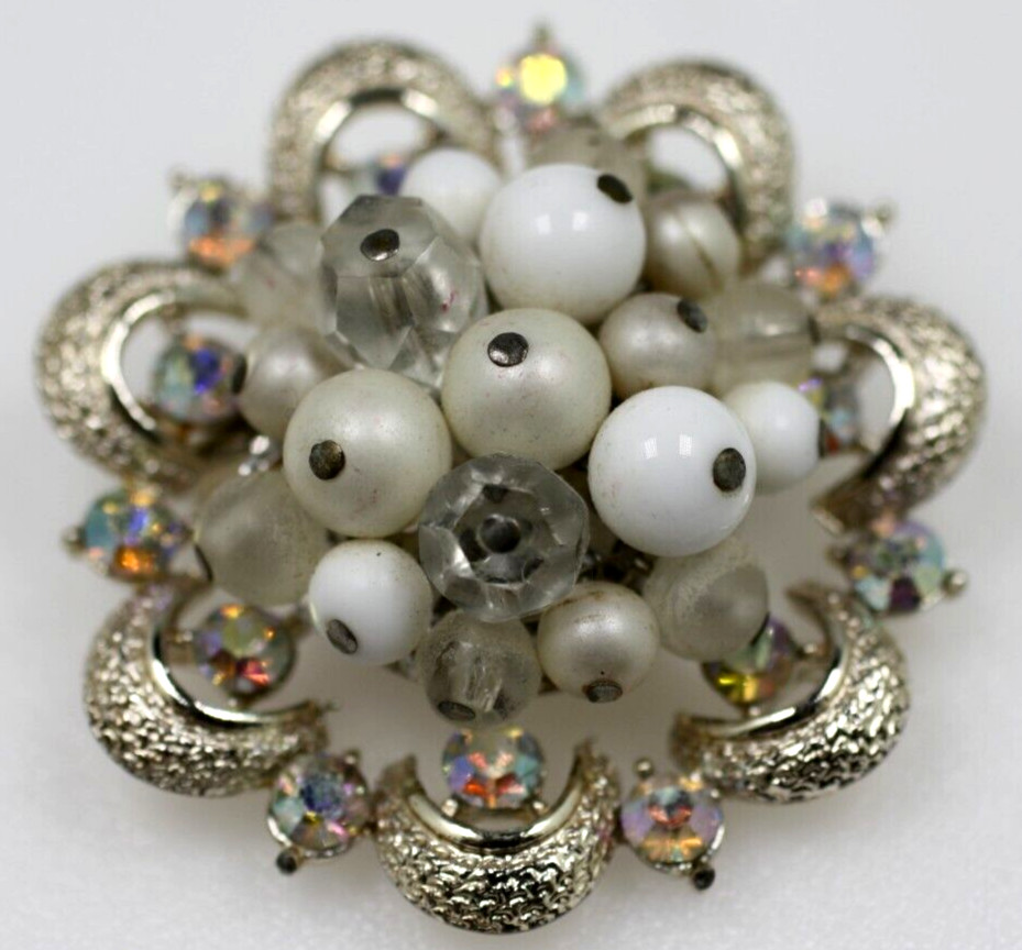 Vintage gold tone white milk glass clear AB rhinestones flower Brooch Pin