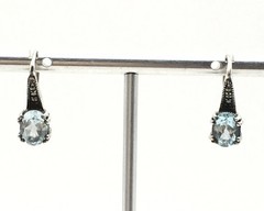 Vintage Sterling Silver 925 Oval Blue Topaz & Marcasite Hook Dangle Earrings