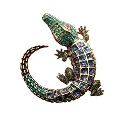 Large Alligator Brooch Multicolor Green Gold Tone with Lucky Pearl