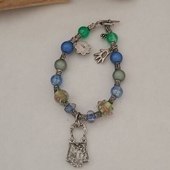 VINTAGE STERLING SILVER LOCK HAND FLOWER GEMSTONES BRACELET FITS 6.25IN 925
