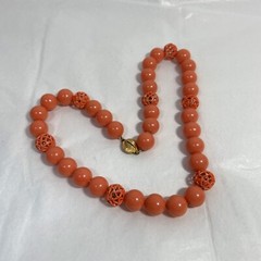 VINTAGE Orange Acrylic Metal Filigree Bead Necklace Gold Tone Box Clasp 18″