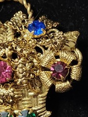 Vintage Czech Brass Toned Floral Basket Brooch Multi-Colored Rhinestones Glass
