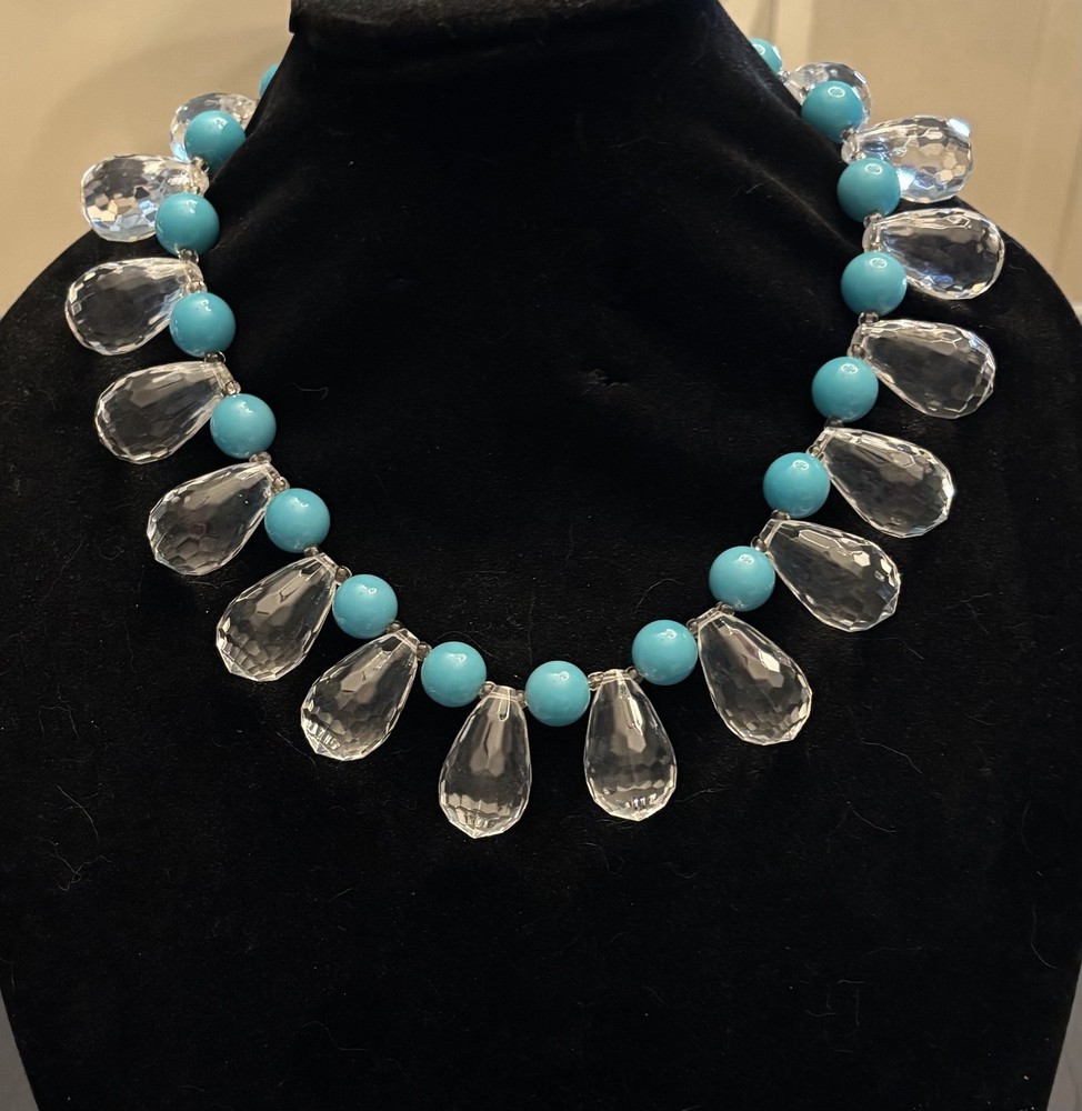 1960’s Art Deco Necklace Aqua Chalcedony Beads, Faceted Tear Drop Clear Beads