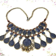 Vintage Ethnic Necklace Lapis Lazuli Drop Statement Collar Red Boho Tribal 19″