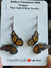 Amber Butterfly Genuine Baltic Earrings Vintage Butterscotch Sterling Silver