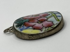 Vintage Hand Painted Ceramic Shard Floral Pendant Pottery Round Silver Tone