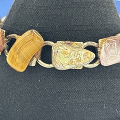 Vintage Semi Precious Stone Link Bracelet Goldstone Rose Quartz Goldstone 6.75”