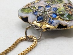 Vintage Cloisonne Floral Puffy Heart Pendant Gold Tone Necklace