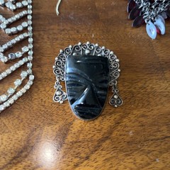 Vintage Mexican Sterling Silver Obsidian Mask Brooch Aztec Style