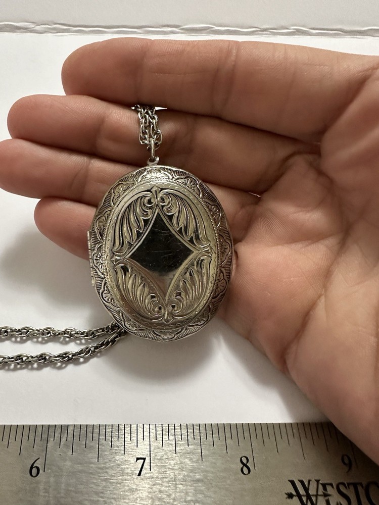 Vintage Locket Double Sided Silver Tone Necklace Large #004 Engraving