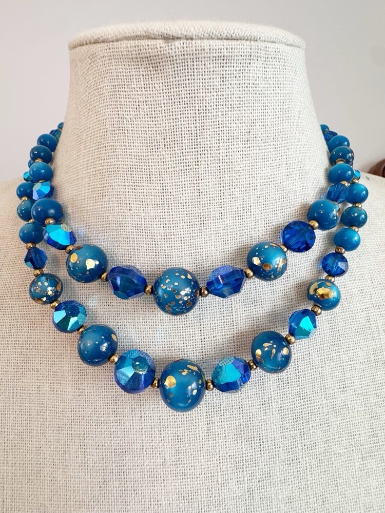 Vintage MCM Peacock Blue Iridescent Two Strand Beaded Necklace Glass Gold Fleck