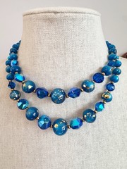 Vintage MCM Peacock Blue Iridescent Two Strand Beaded Necklace Glass Gold Fleck