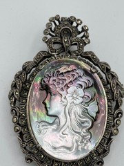 Antique German Art Deco 925 Sterling Silver Marcasite Cameo Brooch Pendant 33.2g