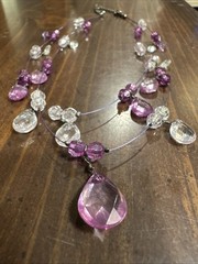 Triple Wire Bead Necklace Pink Purple Faceted Rhinestone Teardrop Dangles Retro