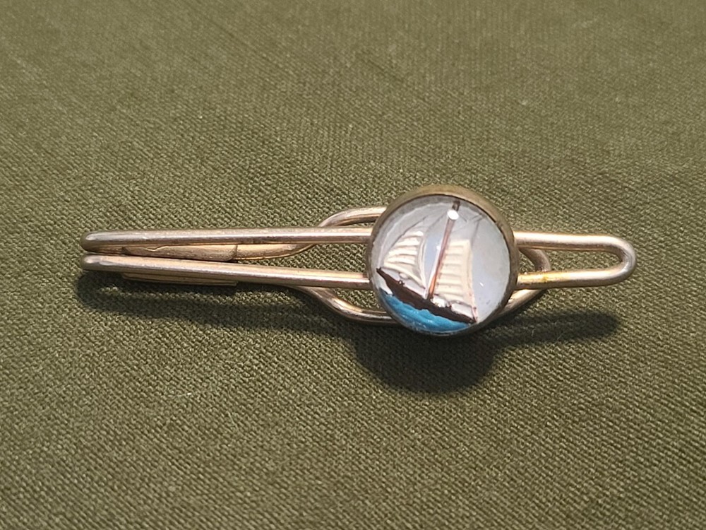 Vintage Sailboat Tie Clip Bar Intaglio Reverse Painted Boat Nautical 1940s 1950s