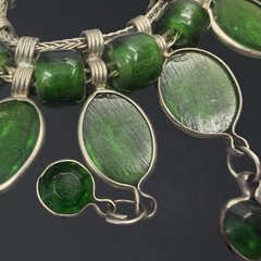 Vintage BOHO Bib Necklace GREEN GLASS Southwest Artisan Drop Dangle India Silver