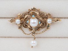 14K Gold Antique Victorian Pearl & Turquoise Brooch Pin Intricate Art Nouveau