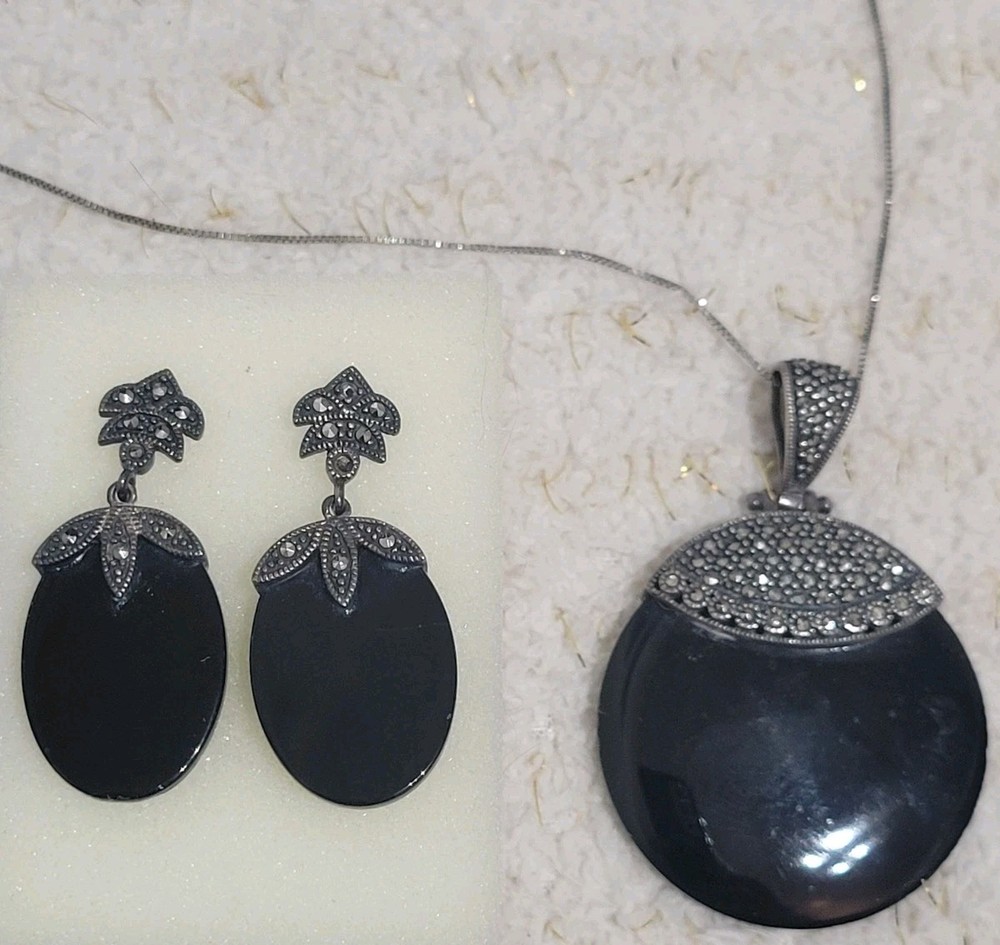 Large Solid Sterling Silver 925 Marcasite Black Onyx Pendant & Earrings