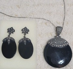 Large Solid Sterling Silver 925 Marcasite Black Onyx Pendant & Earrings