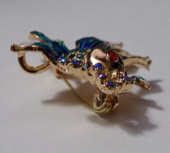 Blue Rhinestones, Blue & White Glaze & Gold Tone Fancy Fish Brooch Pin – New
