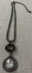 Vintage RJ Graziano Gunmetal Teardrop Pendant Necklace Rhinestone Statement