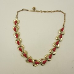 Vintage Hearts Necklace Red Beads Gold Tone Links Choker Collar 15 Inch