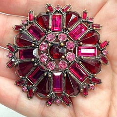 VTG Large Flower Snowflake Brooch Pin Red Fuchsia Pink Purple Glass Rhinestones