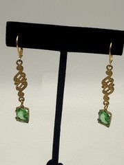 Vintage‎ Rhinestone Drop Earrings Pierced Gold Tone Green Stone 2”