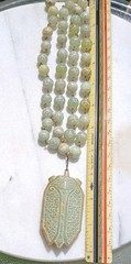 VINTAGE CARVED CALEDON JADE SCARAB PENDANT BEAD NECKLACE SET OOAK HUGE XLONG WOW