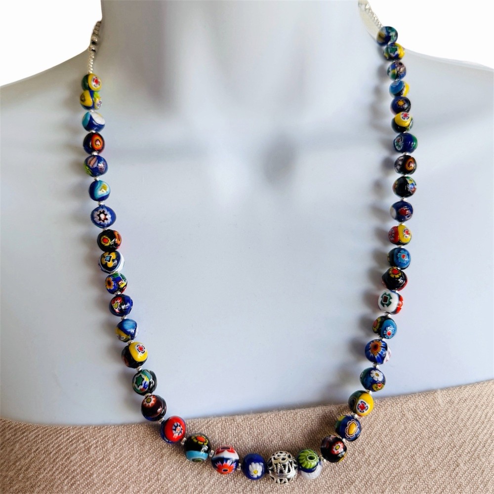 VTG Artisan Necklace Sterling Silver & Millefiori Venetian Murano Glass Bead 22″