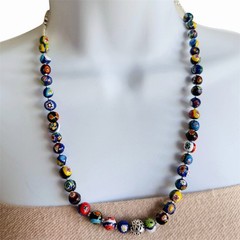 VTG Artisan Necklace Sterling Silver & Millefiori Venetian Murano Glass Bead 22″