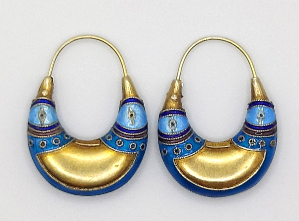 Vintage Chinese Cloisonne Enamel Dangle Hoop Earrings Stamped Silver