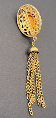Vintage Blue Glass Cabochon Brooch w/ Chain Tassels Gold Tone Filigree 80s Glam