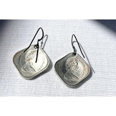 Bahamas Coin Earrings HRM Elizabeth 2nd Pierced 1969 Dangle 15 Cents VTG Gift