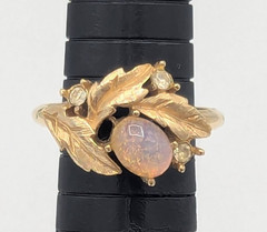 Vintage Avon Fire Flower Ring Pink Faux Opal Rhinestone Gold Tone Leaves