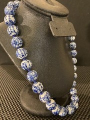 Vintage Chinese Export Blue White Large Porcelain Beaded Necklace Filigree Clasp